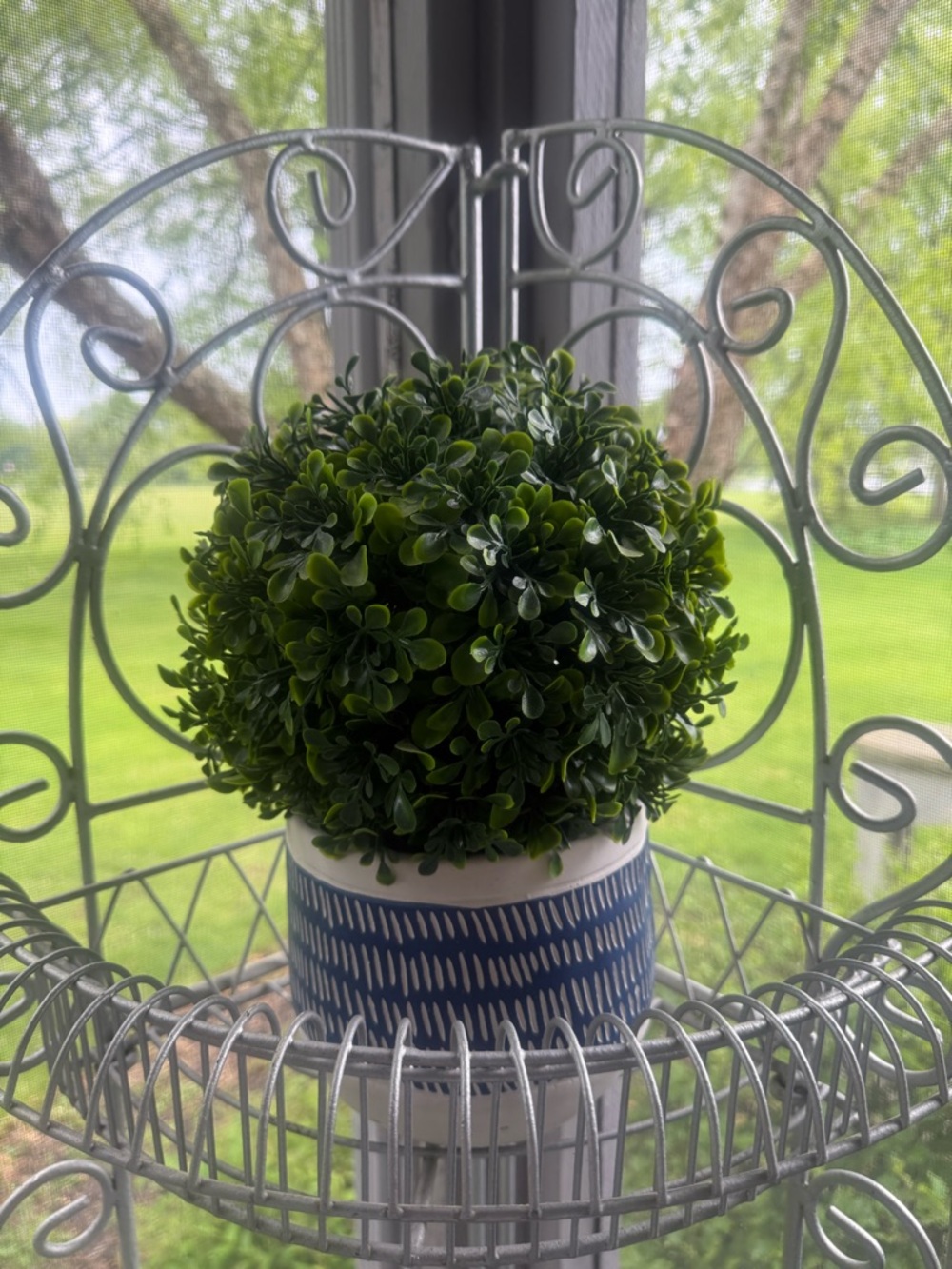 Artificial Boxwood Topiary in Blue and White Ceramic Pot